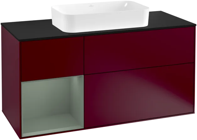 VILLEROY BOCH Toaletní skříňka Finion, s osvětlením, 3 výsuvy, 1200 x 603 x 501 mm, Pivoňka matný lak / Olivový matný lak / Sklo černé matné #F292GMHB