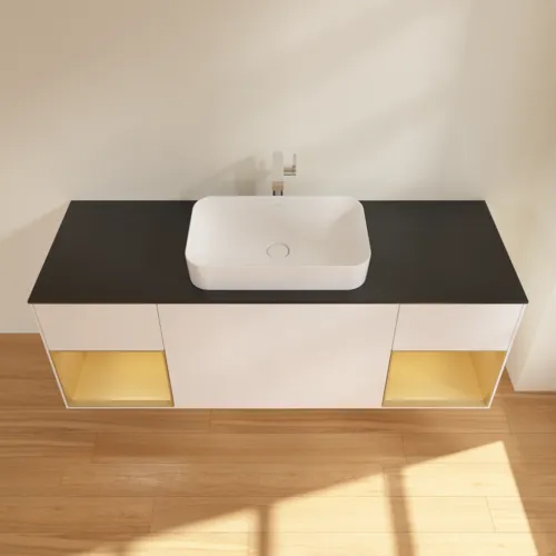 VILLEROY BOCH Toaletní skříňka Finion, s osvětlením, 4 výsuvy, 1600 x 603 x 501 mm, bílý matný lak / zlatý matný lak / černé matné sklo #F332HFMT, obrázek 4
