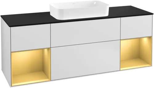 VILLEROY BOCH Toaletní skříňka Finion, s osvětlením, 4 výsuvy, 1600 x 603 x 501 mm, bílý matný lak / zlatý matný lak / černé matné sklo #F332HFMT