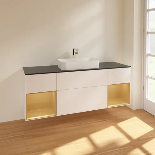 VILLEROY BOCH Toaletní skříňka Finion, s osvětlením, 4 výsuvy, 1600 x 603 x 501 mm, bílý matný lak / zlatý matný lak / černé matné sklo #F332HFMT, obrázek 2