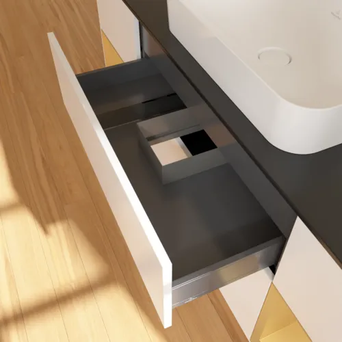 VILLEROY BOCH Toaletní skříňka Finion, s osvětlením, 4 výsuvy, 1600 x 603 x 501 mm, bílý matný lak / zlatý matný lak / černé matné sklo #F332HFMT, obrázek 8