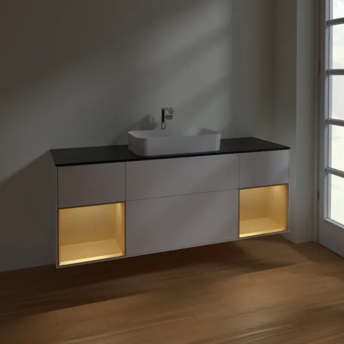 VILLEROY BOCH Toaletní skříňka Finion, s osvětlením, 4 výsuvy, 1600 x 603 x 501 mm, bílý matný lak / zlatý matný lak / černé matné sklo #F332HFMT, obrázek 5