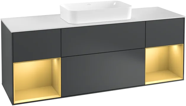 VILLEROY BOCH Toaletní skříňka Finion, s osvětlením, 4 výsuvy, 1600 x 603 x 501 mm, Midnight Blue Matt Lacquer / Gold Matt Lacquer / Glass White Matt #F331HFHG