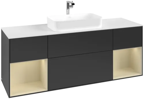 VILLEROY BOCH Toaletní skříňka Finion, s osvětlením, 4 výsuvy, 1600 x 603 x 501 mm, černý matný lak / hedvábně šedý matný lak / bílé matné sklo #F331HJPD