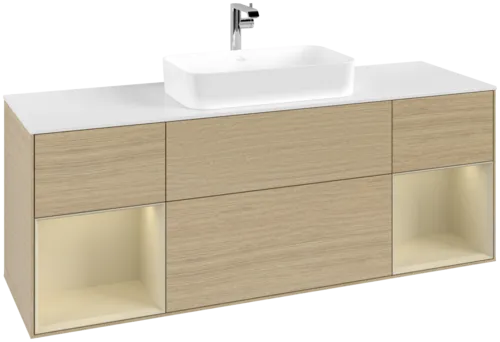 VILLEROY BOCH Toaletní skříňka Finion, s osvětlením, 4 výsuvy, 1600 x 603 x 501 mm, dubová dýha / hedvábně šedý matný lak / sklo bílé matné #F331HJPC
