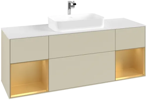 VILLEROY BOCH Toaletní skříňka Finion, s osvětlením, 4 výsuvy, 1600 x 603 x 501 mm, Silk Grey Matt Lacquer / Gold Matt Lacquer / Glass White Matt #F331HFHJ