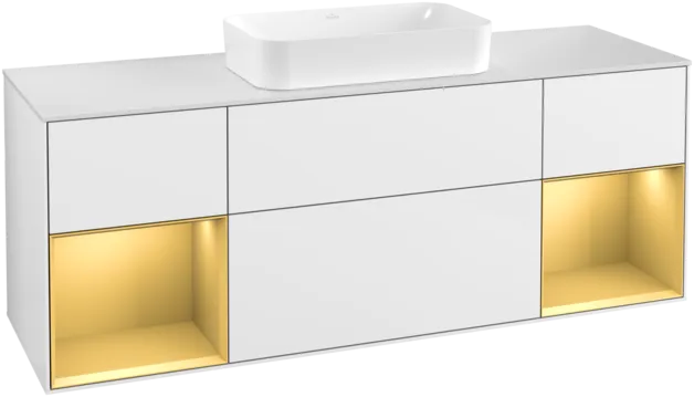 VILLEROY BOCH Toaletní skříňka Finion, s osvětlením, 4 výsuvy, 1600 x 603 x 501 mm, lesklý bílý lak / zlatý matný lak / bílé matné sklo #F331HFGF