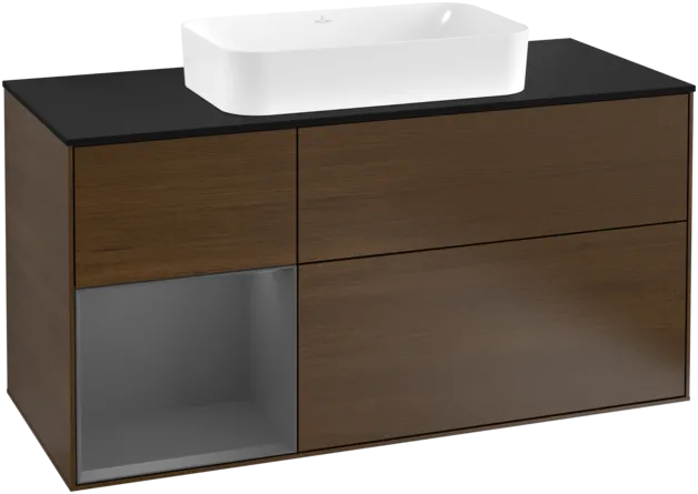 VILLEROY BOCH Toaletní skříňka Finion, s osvětlením, 3 výsuvy, 1200 x 603 x 501 mm, ořechová dýha / antracitový matný lak / černé matné sklo #F292GKGN