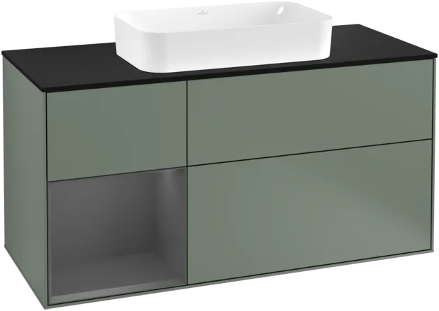 VILLEROY BOCH Toaletní skříňka Finion, s osvětlením, 3 výsuvy, 1200 x 603 x 501 mm, olivový matný lak / antracitový matný lak / černé matné sklo #F292GKGM