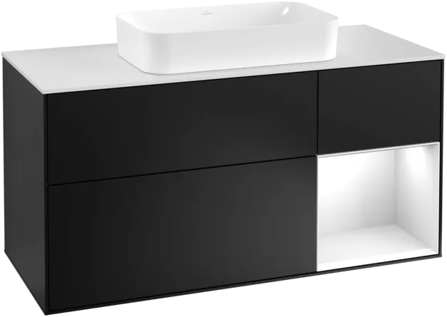 VILLEROY BOCH Toaletní skříňka Finion, s osvětlením, 3 výsuvy, 1200 x 603 x 501 mm, černý matný lak / bílý lesklý lak / bílé matné sklo #F301GFPD
