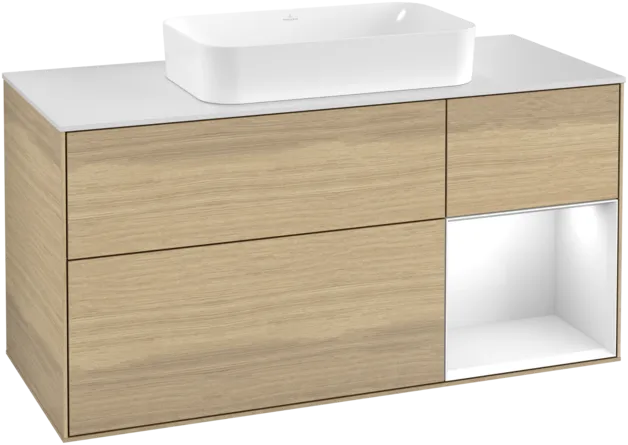 VILLEROY BOCH Toaletní skříňka Finion, s osvětlením, 3 výsuvy, 1200 x 603 x 501 mm, dubová dýha / lesklý bílý lak / sklo bílé matné #F301GFPC