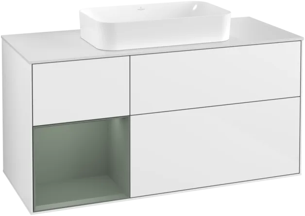 VILLEROY BOCH Toaletní skříňka Finion, s osvětlením, 3 výsuvy, 1200 x 603 x 501 mm, lesklý bílý lak / olivově matný lak / sklo bílé matné #F291GMGF