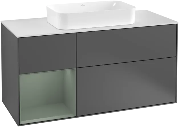 VILLEROY BOCH Toaletní skříňka Finion, s osvětlením, 3 výsuvy, 1200 x 603 x 501 mm, antracitový matný lak / olivový matný lak / bílé matné sklo #F291GMGK