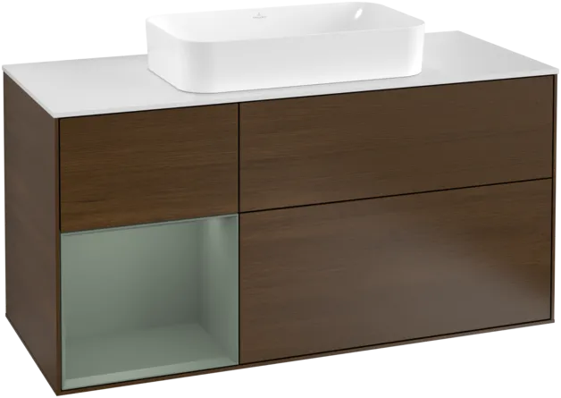 VILLEROY BOCH Toaletní stolek Finion, s osvětlením, 3 výsuvy, 1200 x 603 x 501 mm, ořechová dýha / olivový matný lak / sklo bílé matné #F291GMGN