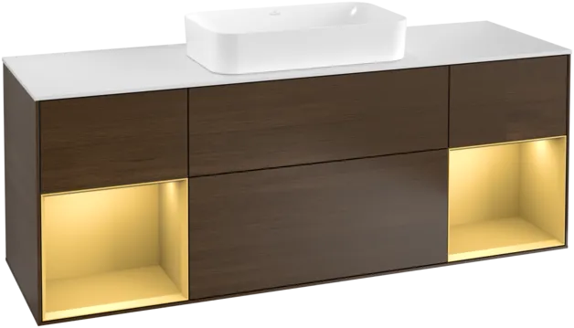 VILLEROY BOCH Toaletní skříňka Finion, s osvětlením, 4 výsuvy, 1600 x 603 x 501 mm, ořechová dýha / zlatý matný lak / sklo bílé matné #F331HFGN