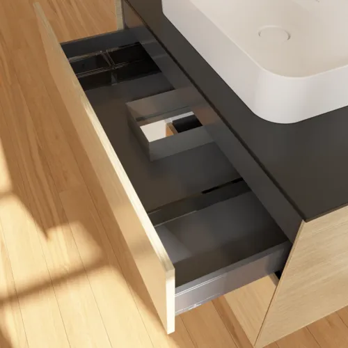 VILLEROY BOCH Toaletní skříňka Finion, s osvětlením, 2 výsuvy, 1000 x 603 x 501 mm, dubová dýha / lesklý bílý lak / černé matné sklo #F362GFPC, obrázek 8