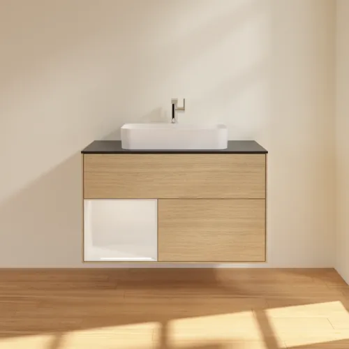 VILLEROY BOCH Toaletní skříňka Finion, s osvětlením, 2 výsuvy, 1000 x 603 x 501 mm, dubová dýha / lesklý bílý lak / černé matné sklo #F362GFPC, obrázek 3