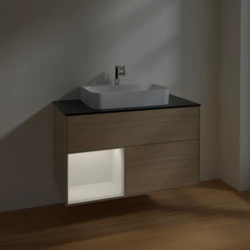 VILLEROY BOCH Toaletní skříňka Finion, s osvětlením, 2 výsuvy, 1000 x 603 x 501 mm, dubová dýha / lesklý bílý lak / černé matné sklo #F362GFPC, obrázek 5
