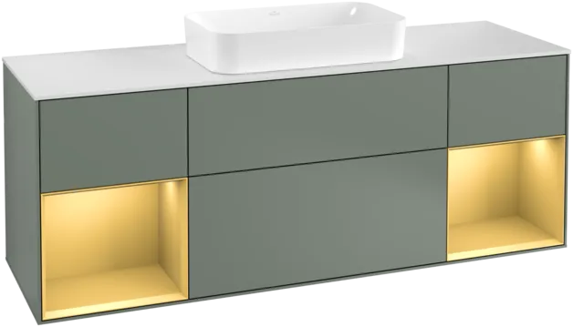 VILLEROY BOCH Toaletní skříňka Finion, s osvětlením, 4 výsuvy, 1600 x 603 x 501 mm, olivový matný lak / zlatý matný lak / bílé matné sklo #F331HFGM