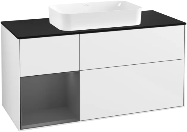 VILLEROY BOCH Toaletní skříňka Finion, s osvětlením, 3 výsuvy, 1200 x 603 x 501 mm, lesklý bílý lak / antracitový matný lak / černé matné sklo #F292GKGF
