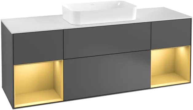 VILLEROY BOCH Toaletní skříňka Finion, s osvětlením, 4 výsuvy, 1600 x 603 x 501 mm, antracitový matný lak / zlatý matný lak / bílé matné sklo #F331HFGK