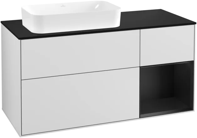 VILLEROY BOCH Toaletní skříňka Finion, s osvětlením, 3 výsuvy, 1200 x 603 x 501 mm, bílý matný lak / černý matný lak / černé matné sklo #F282PDMT