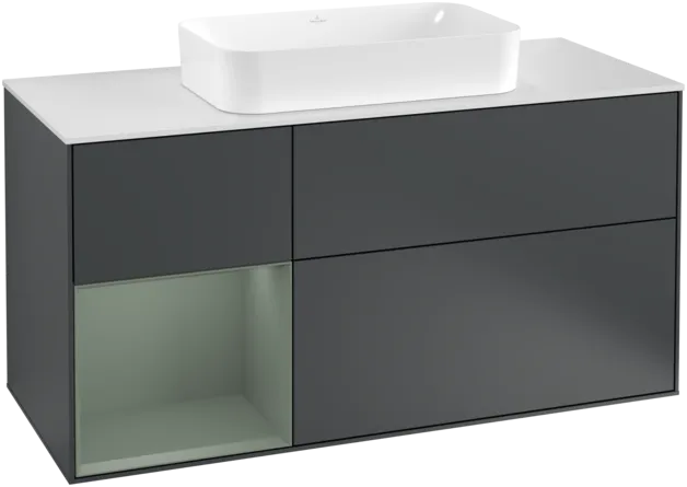 VILLEROY BOCH Toaletní skříňka Finion, s osvětlením, 3 výsuvy, 1200 x 603 x 501 mm, Midnight Blue Matt Lacquer / Olive Matt Lacquer / Glass White Matt #F291GMHG