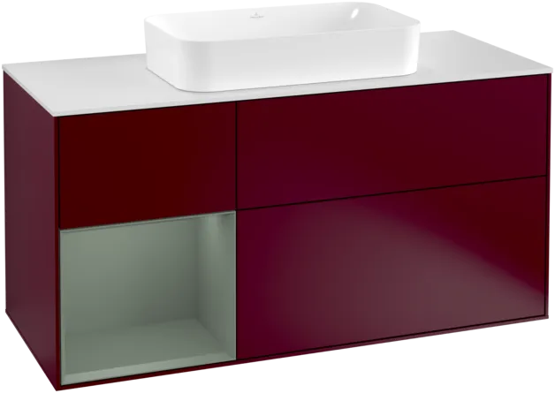 VILLEROY BOCH Toaletní skříňka Finion, s osvětlením, 3 výsuvy, 1200 x 603 x 501 mm, Pivoňka matný lak / Olivový matný lak / Sklo bílé matné #F291GMHB