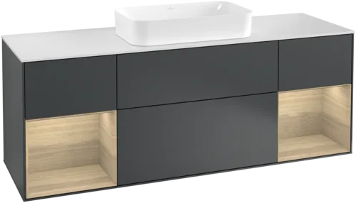 VILLEROY BOCH Toaletní skříňka Finion, s osvětlením, 4 výsuvy, 1600 x 603 x 501 mm, matný lak Midnight Blue / dubová dýha / matné bílé sklo #F331PCHG