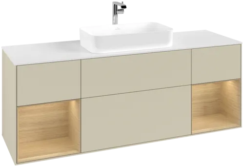 VILLEROY BOCH Toaletní skříňka Finion, s osvětlením, 4 výsuvy, 1600 x 603 x 501 mm, hedvábně šedý matný lak / dubová dýha / sklo bílé matné #F331PCHJ
