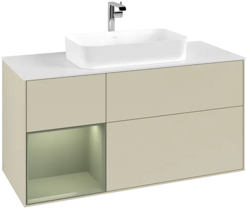 VILLEROY BOCH Toaletní skříňka Finion, s osvětlením, 3 výsuvy, 1200 x 603 x 501 mm, hedvábně šedý matný lak / olivový matný lak / bílé matné sklo #F291GMHJ