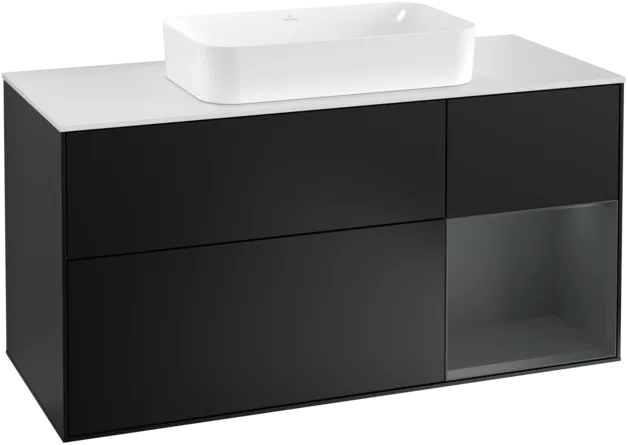 VILLEROY BOCH Toaletní skříňka Finion, s osvětlením, 3 výsuvy, 1200 x 603 x 501 mm, černý matný lak / půlnoční modrý matný lak / bílé matné sklo #F301HGPD