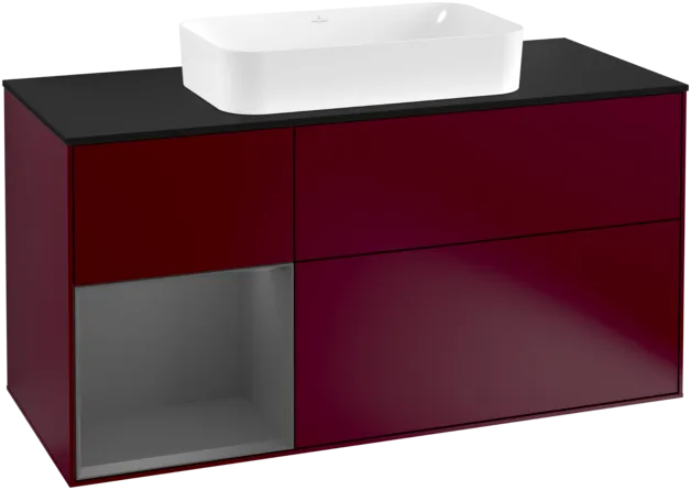 VILLEROY BOCH Toaletní skříňka Finion, s osvětlením, 3 výsuvy, 1200 x 603 x 501 mm, Pivoňka matný lak / Antracit matný lak / Sklo černé matné #F292GKHB