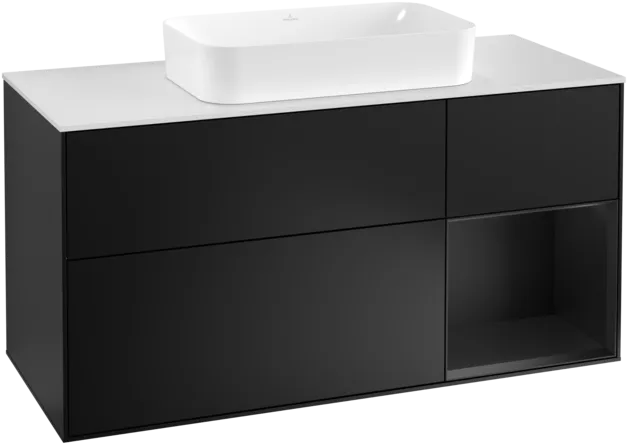 VILLEROY BOCH Toaletní skříňka Finion, s osvětlením, 3 výsuvy, 1200 x 603 x 501 mm, černý matný lak / černý matný lak / sklo bílé matné #F301PDPD