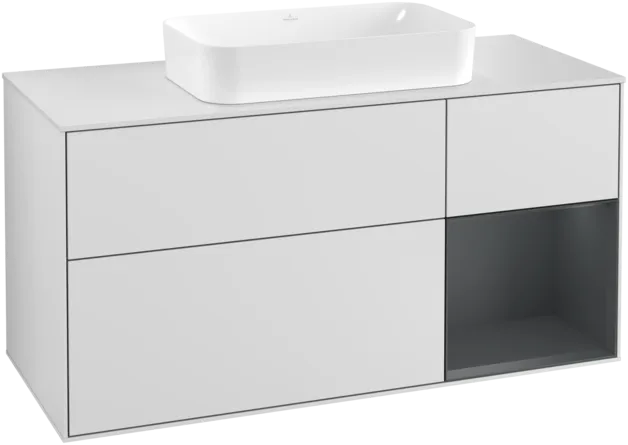 VILLEROY BOCH Toaletní skříňka Finion, s osvětlením, 3 výsuvy, 1200 x 603 x 501 mm, bílý matný lak / půlnoční modrý matný lak / bílé matné sklo #F301HGMT