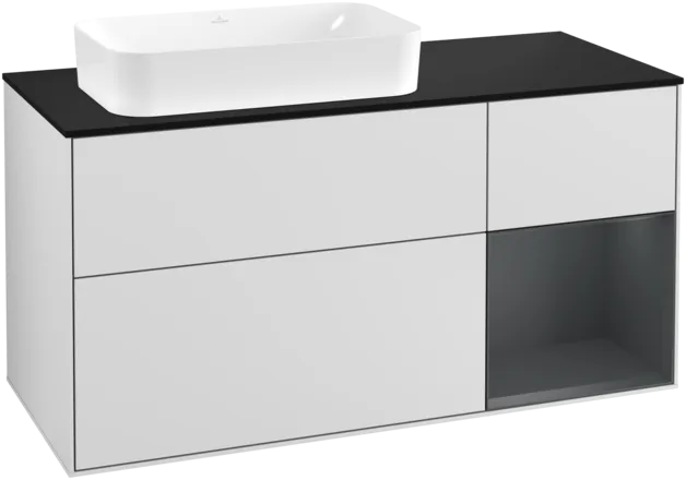 VILLEROY BOCH Toaletní skříňka Finion, s osvětlením, 3 výsuvy, 1200 x 603 x 501 mm, bílý matný lak / půlnoční modrý matný lak / černé matné sklo #F282HGMT