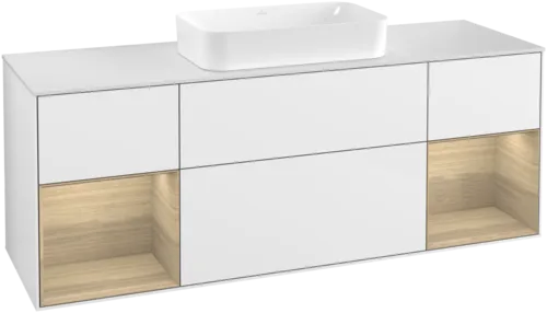 VILLEROY BOCH Toaletní skříňka Finion, s osvětlením, 4 výsuvy, 1600 x 603 x 501 mm, lesklý bílý lak / dubová dýha / sklo bílé matné #F331PCGF