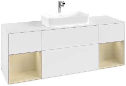 VILLEROY BOCH Toaletní skříňka Finion, s osvětlením, 4 výsuvy, 1600 x 603 x 501 mm, bílý matný lak / hedvábně šedý matný lak / bílé matné sklo #F331HJMT