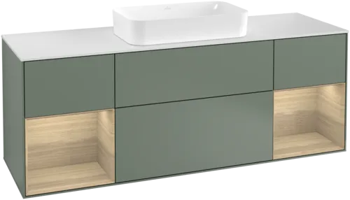 VILLEROY BOCH Toaletní skříňka Finion, s osvětlením, 4 výsuvy, 1600 x 603 x 501 mm, olivový matný lak / dubová dýha / sklo bílé matné #F331PCGM