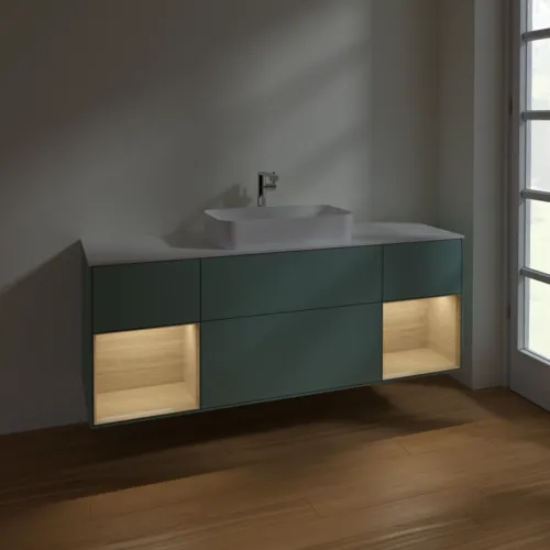 VILLEROY BOCH Toaletní skříňka Finion, s osvětlením, 4 výsuvy, 1600 x 603 x 501 mm, olivový matný lak / dubová dýha / sklo bílé matné #F331PCGM, obrázek 5