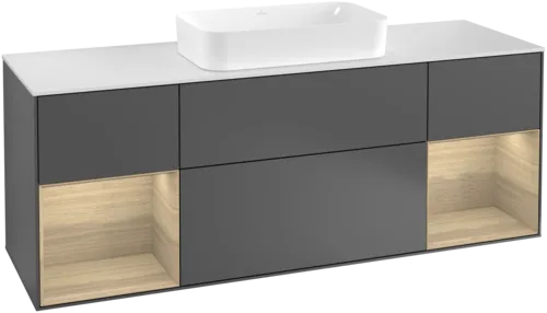 VILLEROY BOCH Toaletní skříňka Finion, s osvětlením, 4 výsuvy, 1600 x 603 x 501 mm, antracit matný lak / dubová dýha / sklo bílé matné #F331PCGK