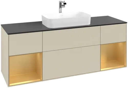 VILLEROY BOCH Toaletní skříňka Finion, s osvětlením, 4 výsuvy, 1600 x 603 x 501 mm, Silk Grey Matt Lacquer / Gold Matt Lacquer / Glass Black Matt #F332HFHJ