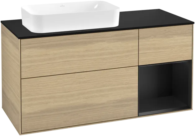 VILLEROY BOCH Toaletní skříňka Finion, s osvětlením, 3 výsuvy, 1200 x 603 x 501 mm, dubová dýha / černý matný lak / černé matné sklo #F282PDPC