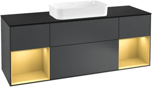 VILLEROY BOCH Toaletní skříňka Finion, s osvětlením, 4 výsuvy, 1600 x 603 x 501 mm, Midnight Blue Matt Lacquer / Gold Matt Lacquer / Glass Black Matt #F332HFHG