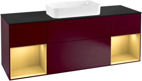 VILLEROY BOCH Toaletní skříňka Finion, s osvětlením, 4 výsuvy, 1600 x 603 x 501 mm, Peony Matt Lacquer / Gold Matt Lacquer / Glass Black Matt #F332HFHB