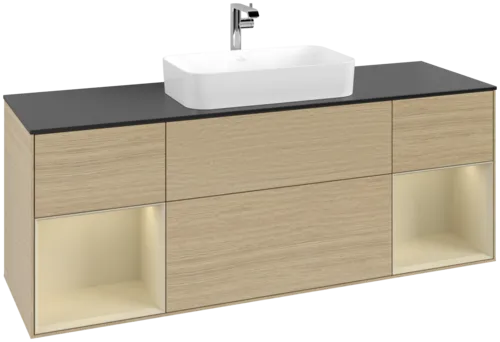 VILLEROY BOCH Toaletní skříňka Finion, s osvětlením, 4 výsuvy, 1600 x 603 x 501 mm, dubová dýha / hedvábně šedý matný lak / sklo černé matné #F332HJPC