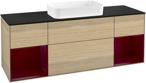 VILLEROY BOCH Toaletní skříňka Finion, s osvětlením, 4 výsuvy, 1600 x 603 x 501 mm, dubová dýha / matný lak Pivoňka / matné černé sklo #F332HBPC