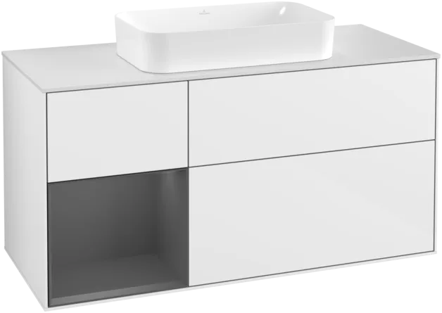 VILLEROY BOCH Toaletní skříňka Finion, s osvětlením, 3 výsuvy, 1200 x 603 x 501 mm, lesklý bílý lak / antracitový matný lak / bílé matné sklo #F291GKGF