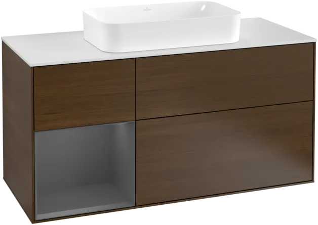 VILLEROY BOCH Toaletní skříňka Finion, s osvětlením, 3 výsuvy, 1200 x 603 x 501 mm, ořechová dýha / antracitový matný lak / bílé matné sklo #F291GKGN