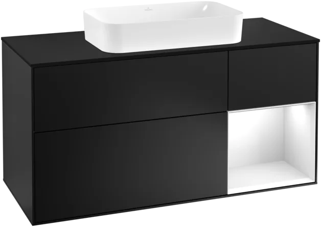 VILLEROY BOCH Toaletní skříňka Finion, s osvětlením, 3 výsuvy, 1200 x 603 x 501 mm, černý matný lak / bílý lesklý lak / černé matné sklo #F302GFPD